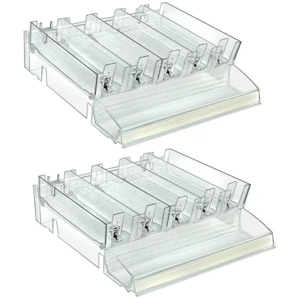 Adjustable Tall Divider Bin Cosmetic Tray with Tester on Front and Spring Pushers, Clear, 2-Pack, Azar Displays, Mfr#: 225840-TESTER-TALL-2PK